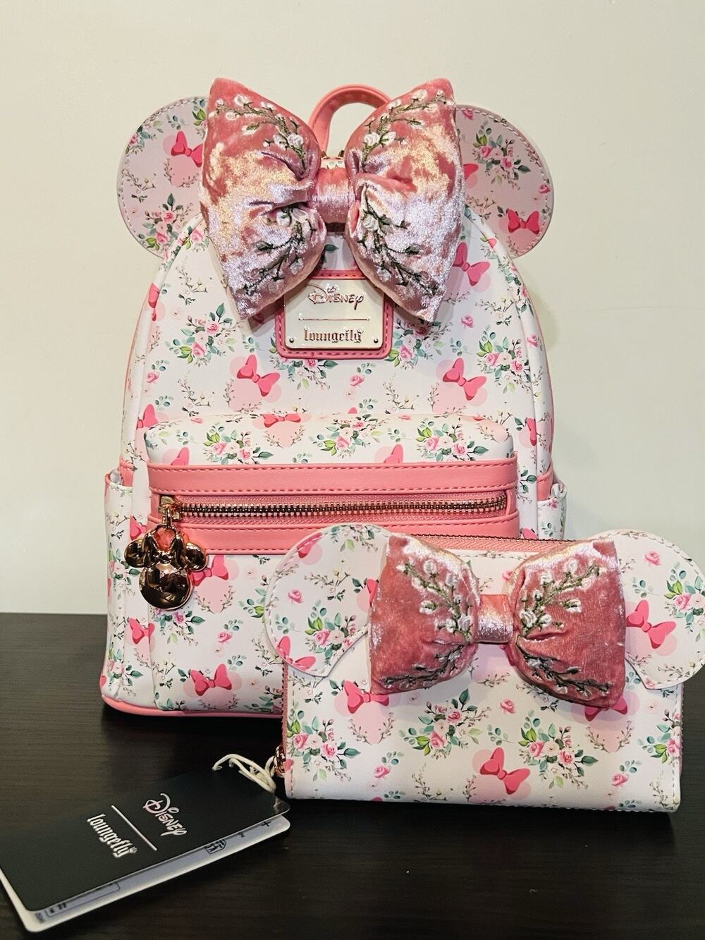 NWT Loungefly Disney Minnie Mouse Floral Pink Mini Backpack Wallet Set